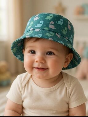 Teal Baby Bucket Hat with Pastel Dino Print